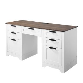 VEVOR Executive Desk, Farmhouse Office Table with Charging Station, Heavy Duty Particle Board Executive Table with Storage Drawers