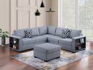 Contemporary Functional Sectional Sofa 4pc Set Gray Boucle with Built-in Shelfs Wedge, Ottoman