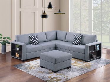 Contemporary Functional Sectional Sofa 4pc Set Gray Boucle with Built-in Shelfs Wedge, Ottoman
