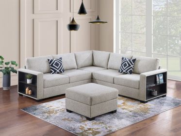 Contemporary Functional Sectional Sofa 4pc Set Beige Boucle Couch Loveseat w Built-in Shelfs Wedge