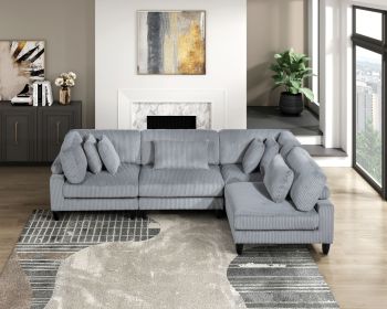 4-Piece Modular Sectional Sofa Set Gray Corduroy Soft Cushion Pillows Solid Wood Legs