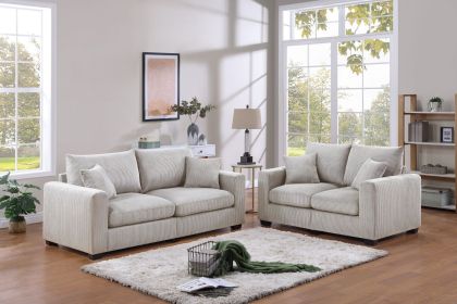 Classic Living Room 2pc Ivory Corduroy Sofa And Loveseat with Pillows, Square Arms