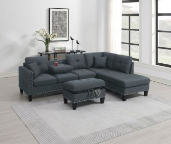3-PCS Sectional Sofa Set LAF Sofa RAF Chaise And Storage Ottoman Cup Holder Charcoal Color Linen-Like Fabric
