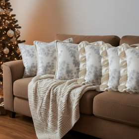 SOGA 6PC Pillowcase Set – 3x White Floral Ruffle Trim & 3x Gray Floral Decorative Pillow Covers (45cm)