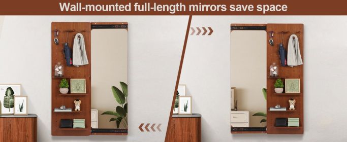 Wall Mounted Full Length Mirror, Full Body Mirror with Shelf, Full Body Mirror with Hook with Multifunctional Design Panel