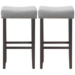 Saddle Bar Stools with Fabric Seat and Wooden Legs