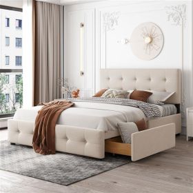 Upholstered Platform Bed with Classic Headboard and 4 Drawers, Linen Fabric, Queen Size, Beige