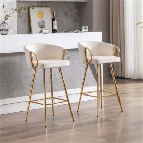 30 Inch Set of 2 Bar Stools, with Cream colored Velvet Fabric and Gold Chrome Footrest