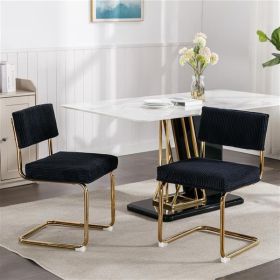 Modern Dining Chairs with Corduroy Fabric, Gold Metal Base, Armless Kitchen Chairs with Channel Tufting, Side Chairs, Set of 2, Black