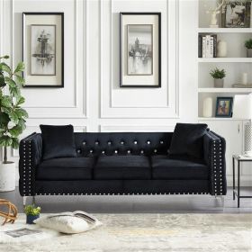Modern Velvet Sofa, Jeweled Buttons, Tufted Square Arm Couch Black, 2 Pillows Included