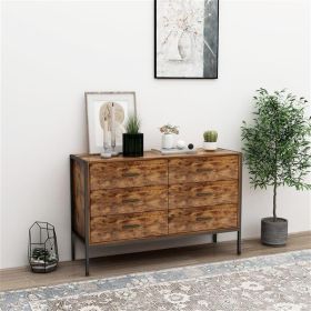 Industrial Style 6 Drawer Double Dresser,Rustic Brown Wood with Sturdy Steel Frame, Chest with 6 Drawer