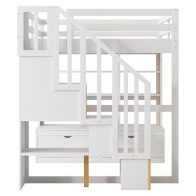 Full Size Loft Bed with Desk and Shelves, 2 Built-in Drawers, Storage Staircase, White