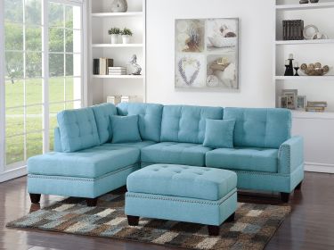 Modern Blue Color 3pcs Sectional Reversible Chaise Sofa And Ottoman Tufted Polyfiber Linen Like Fabric Cushion Couch Pillows