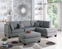 Grey Color 3pcs Sectional Reversible Chaise Sofa And Ottoman Polyfiber Linen Like Fabric Cushion