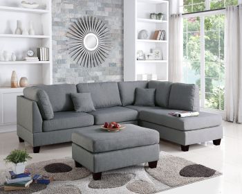 Grey Color 3pcs Sectional Reversible Chaise Sofa And Ottoman Polyfiber Linen Like Fabric Cushion