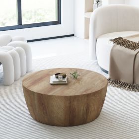 29.53" high-quality MDF natural color round table, modern industrial natural fully assembled drum coffee table