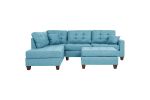Modern Blue Color 3pcs Sectional Reversible Chaise Sofa And Ottoman Tufted Polyfiber Linen Like Fabric Cushion Couch Pillows