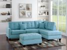 Modern Blue Color 3pcs Sectional Reversible Chaise Sofa And Ottoman Tufted Polyfiber Linen Like Fabric Cushion Couch Pillows