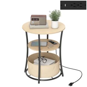 FurniRound Side Table With Charging Station, 3-Tier End Table With Fabric Storage Bag And Shelf, Natural Wood (Color: Yellow)