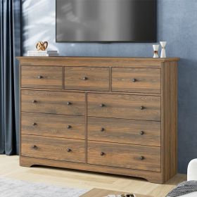 9 Drawer Dresser For Bedroom, Wood Storage Cabinet With Golden Metal Handles (Color: Brown)