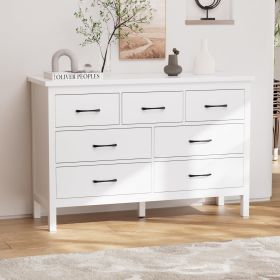 7 Drawer Dresser For Bedroom, Wood Storage Cabinet With Black Handles (Color: White)
